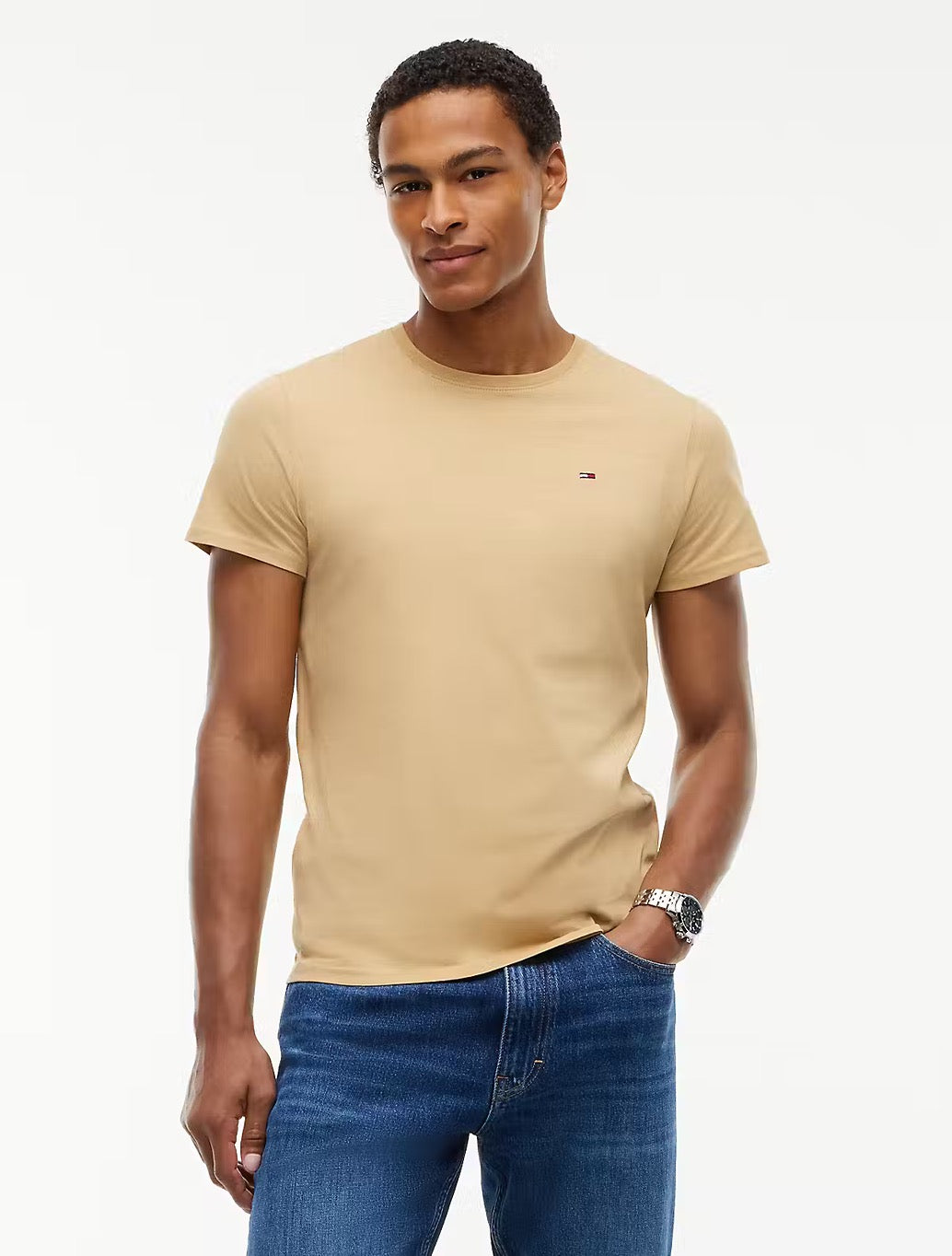 Tommy Jeans Flag Embroidery Extra Slim Jersey T-Shirt in Beige