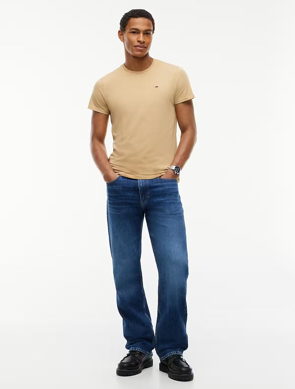 Tommy Jeans Flag Embroidery Extra Slim Jersey T-Shirt in Beige