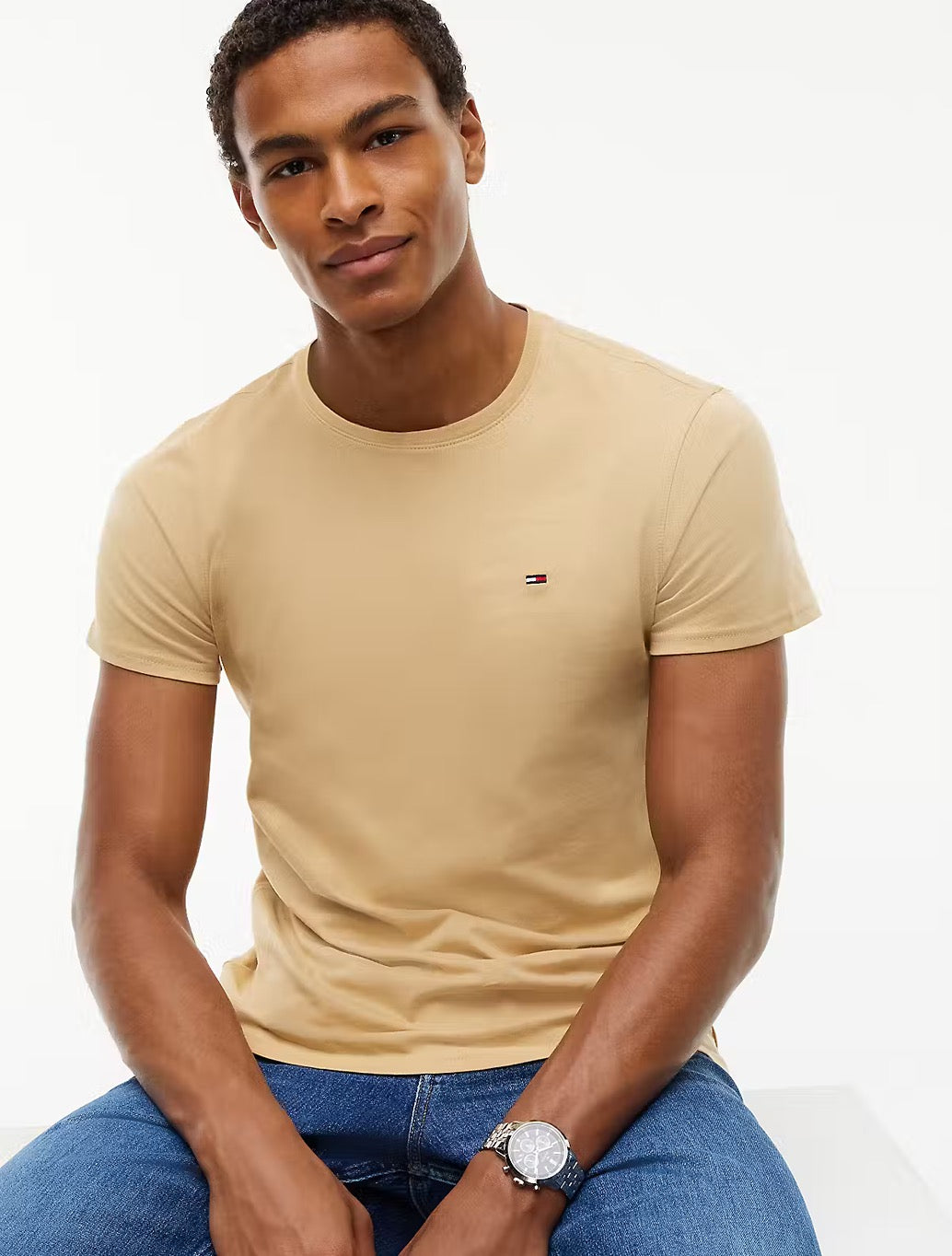 Tommy Jeans Flag Embroidery Extra Slim Jersey T-Shirt in Beige