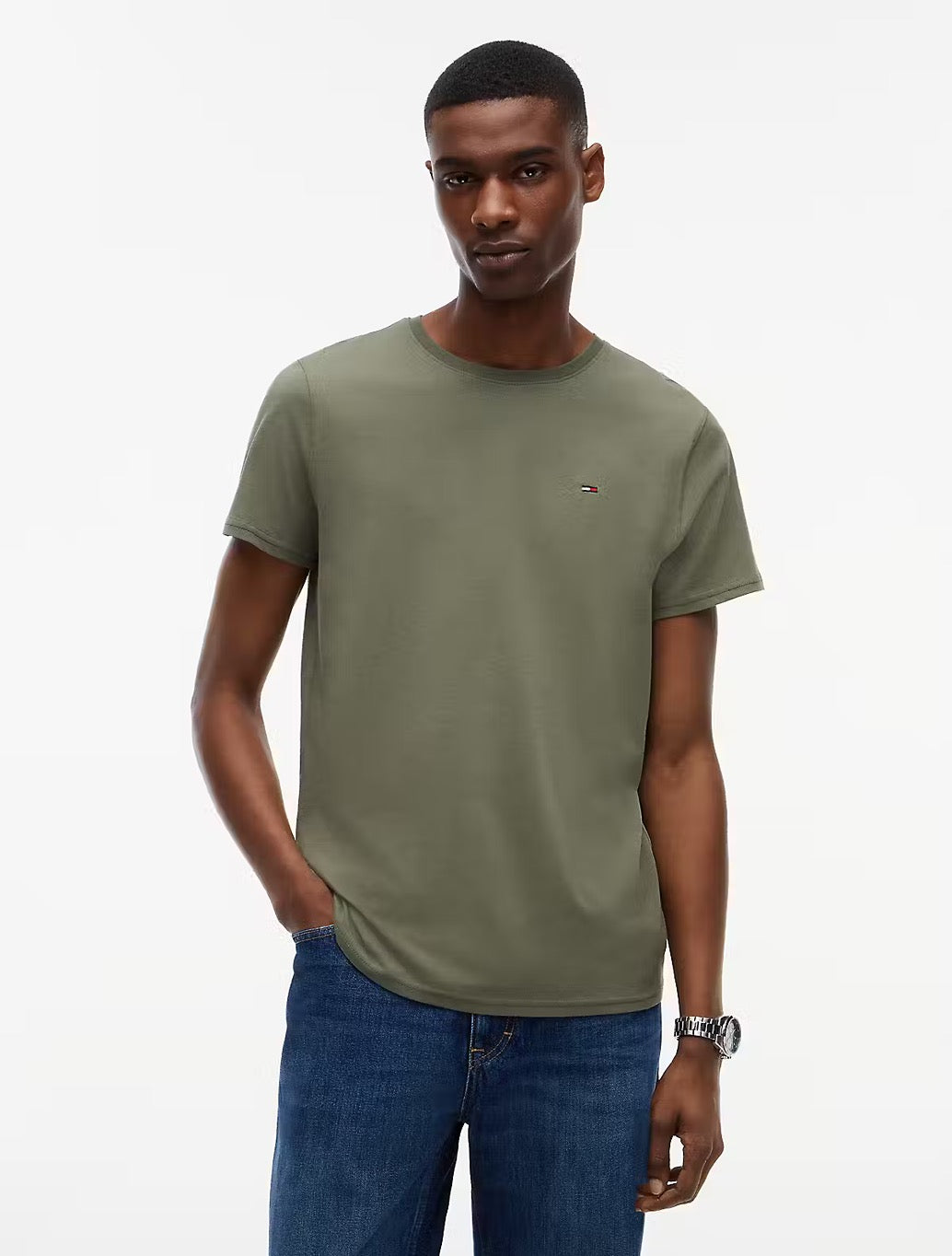 Tommy Jeans Flag Embroidery Extra Slim Jersey T-Shirt in Khaki