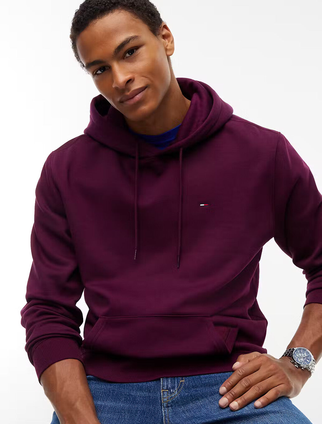 Tommy Jeans Flag Embroidery Fleece Hoody in Wine