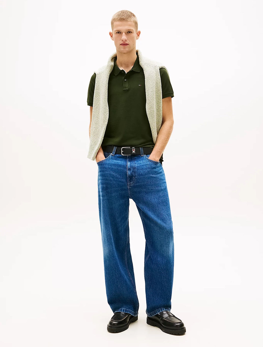 Tommy Jeans Flag Slim Fit Pique Polo Shirt - Dark Green