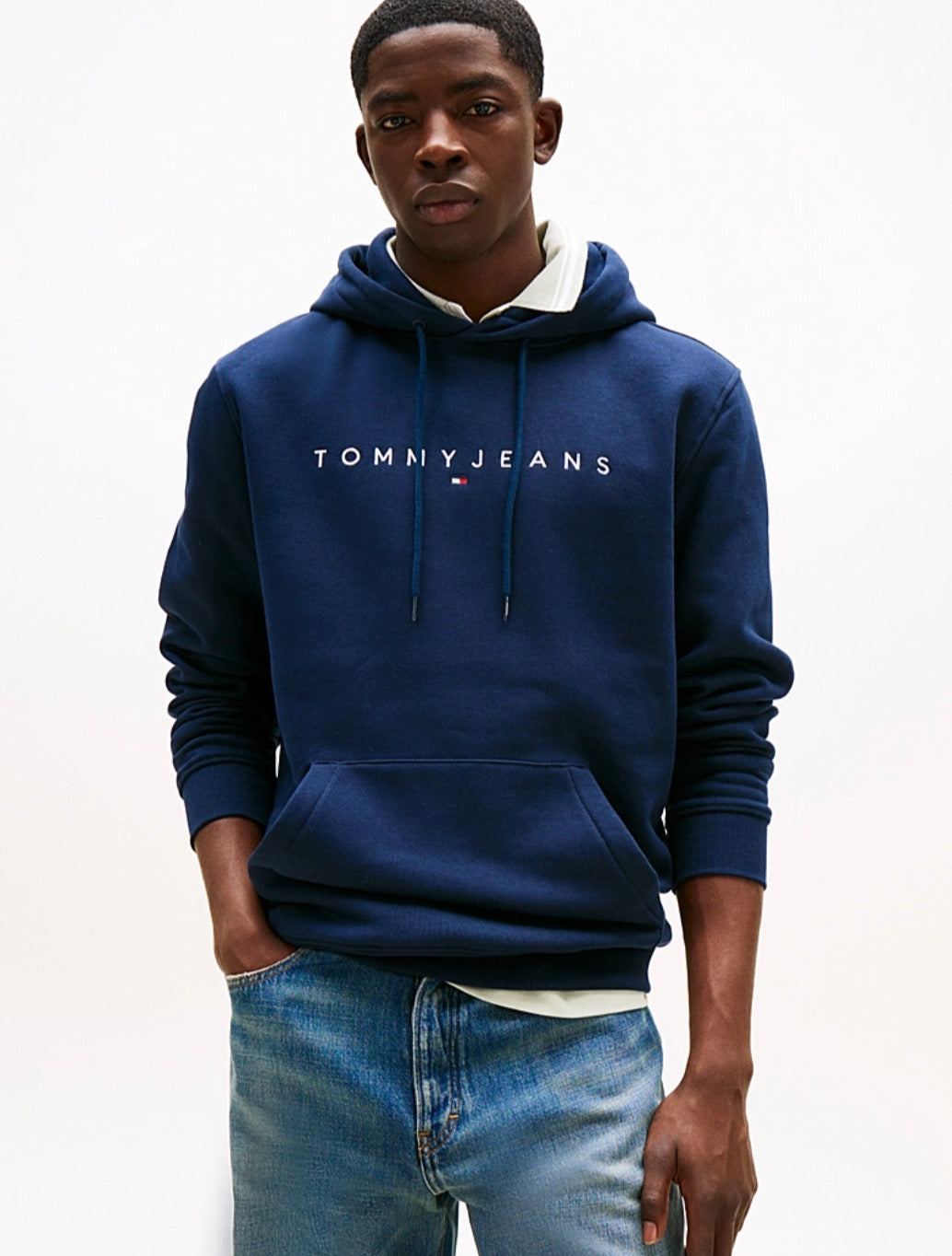 Tommy Jeans - Linear Logo Embroidery Kangaroo Pocket Hoody - Navy