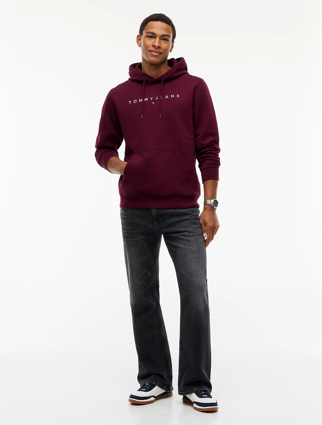 Tommy Jeans Linear Logo Fleece Drawstring Hoody in Burgundy