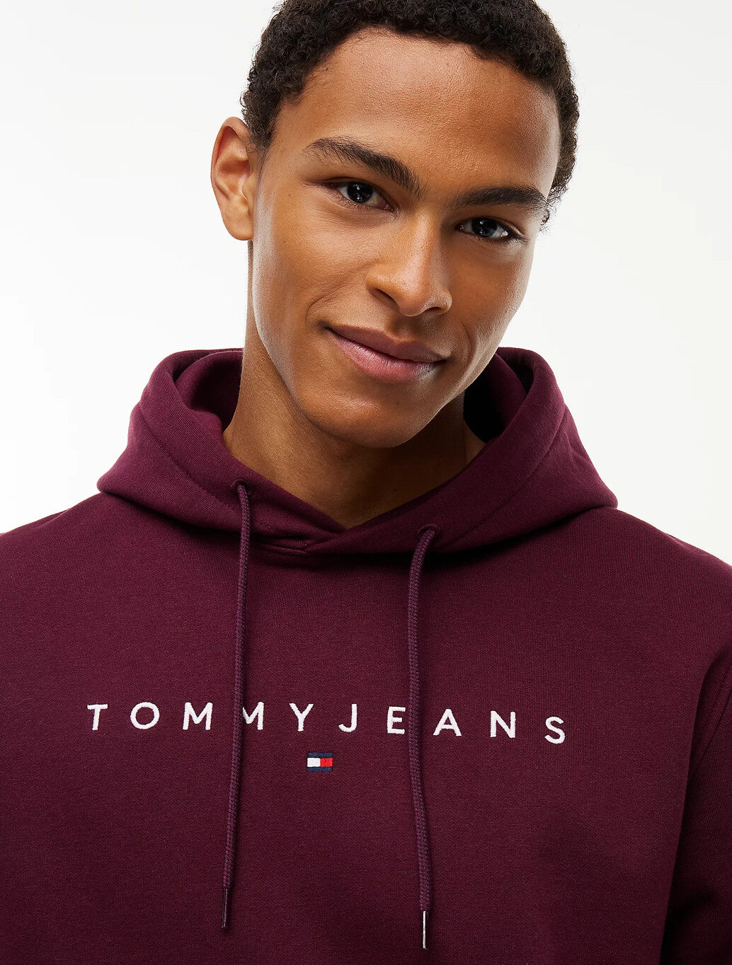 Tommy Jeans Linear Logo Fleece Drawstring Hoody in Burgundy