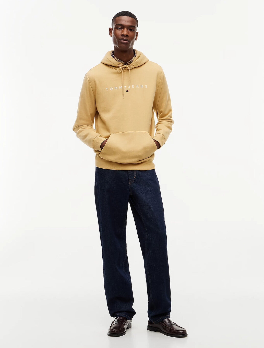 Tommy Jeans Linear Logo Fleece Drawstring Hoody in Sand