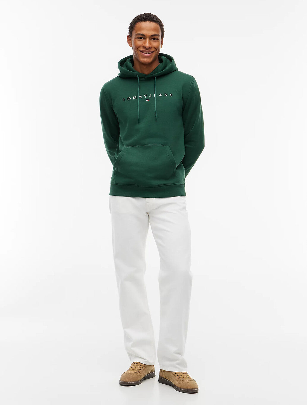 Tommy Jeans Linear Logo Fleece Drawstring Hoody in Velvet Green
