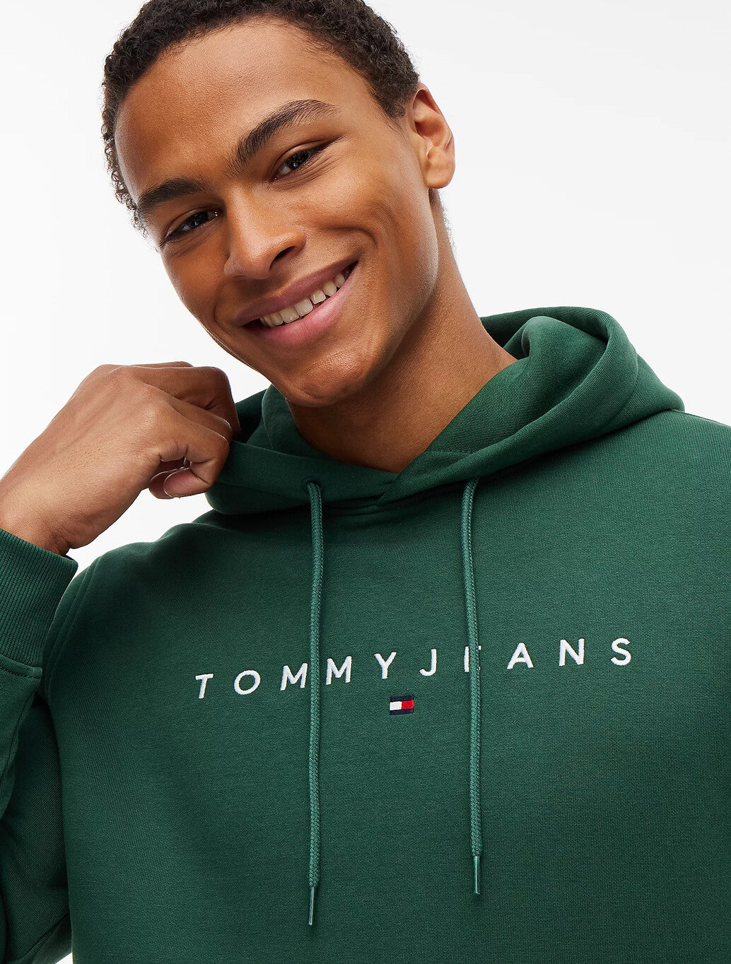 Tommy Jeans Linear Logo Fleece Drawstring Hoody in Velvet Green