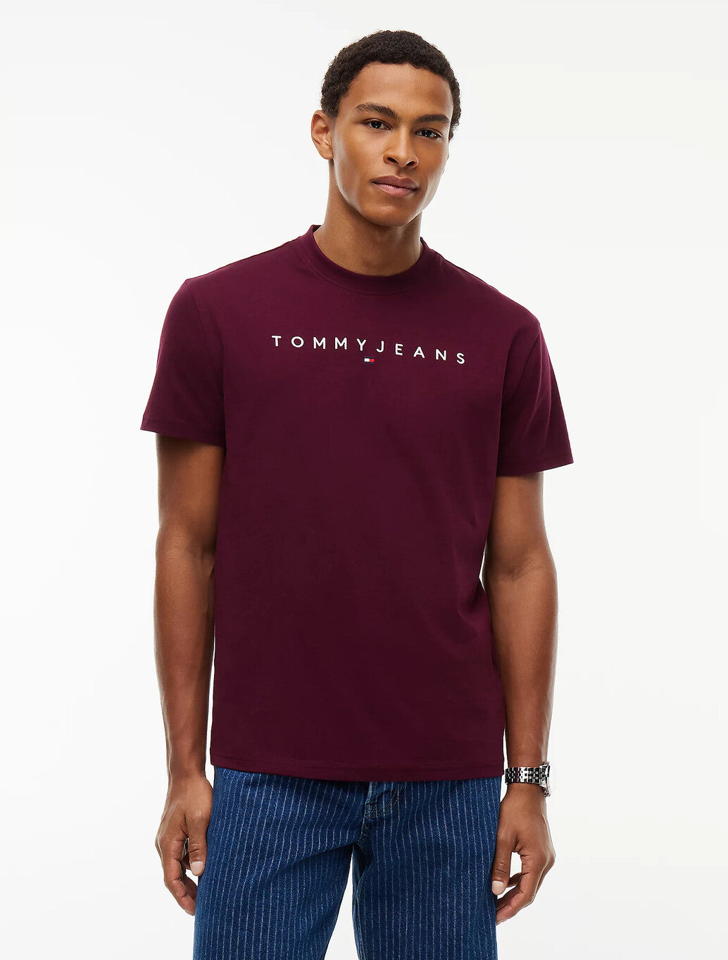 Tommy Jeans Linear Logo Jersey T-Shirt in Burgundy