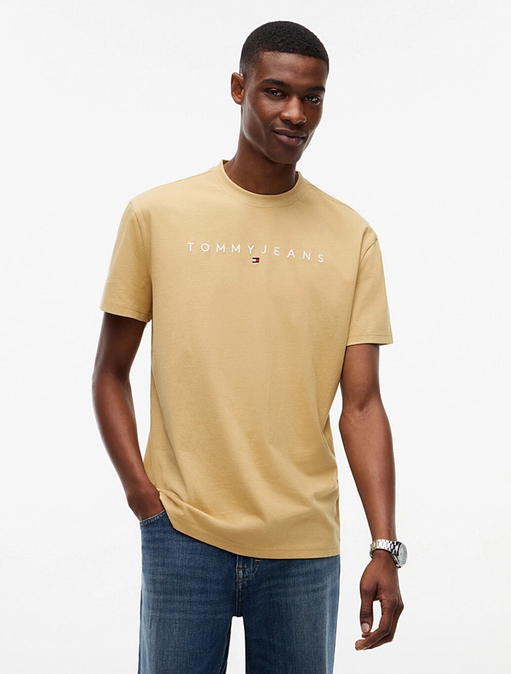 Tommy Jeans Linear Logo Jersey T-Shirt in Sand