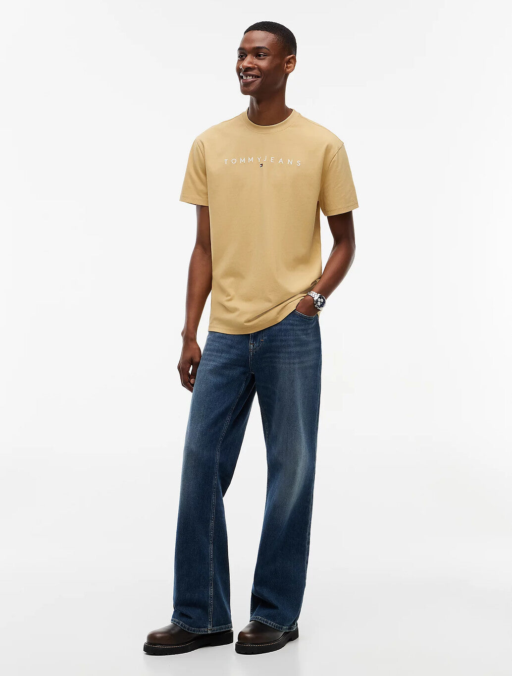 Tommy Jeans Linear Logo Jersey T-Shirt in Sand