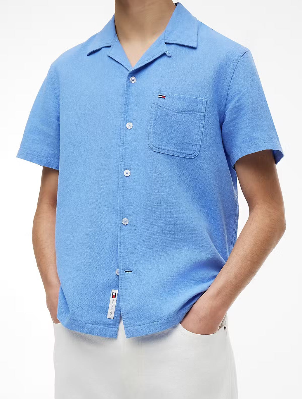 Tommy Jeans Linen Blend Short Sleeve Shirt in Blue